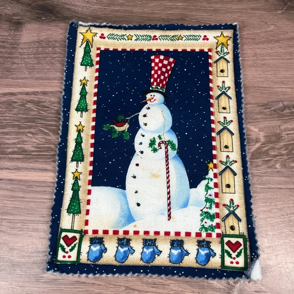 Handmade Trivet Potholder Set of 2Navy Snowman Folk Art Quilted Winter Holiday